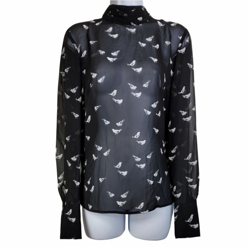 Sheer Bird-Patterned Blouse With Button Closures … - image 1